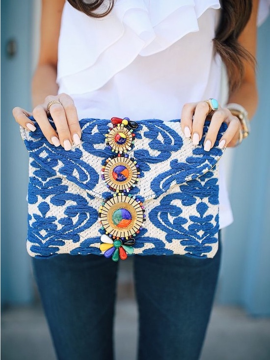 Handbags - Steve Madden Blue Embroidered Beaded Clutch Handbag